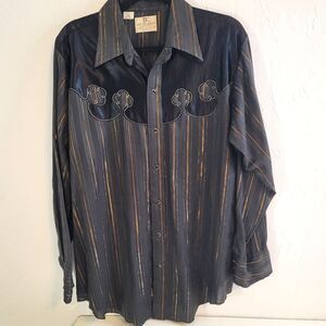 Dee Cee Western Shirt Mens L Black Copper Stripe Snap Shiny Embroidered USA Vntg